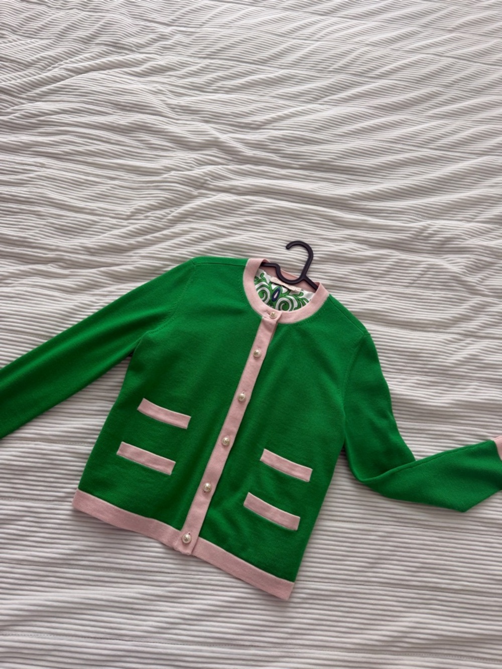 Tory Burch Green and Pink Trim Knit Cardigan with Pearl Button